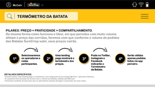 PILARES: PREÇO + PRATICIDADE + COMPARTILHAMENTO.
Da mesma forma como funciona o Uber, em que períodos com muito volume
afetam o preço das corridas, faremos com que conforme o volume de pedidos
das Batatas SureCrisp subir, seus preços cairão.
Selecionaremos
os operadores e
redes
participantes.
1º
Uma landing
page mostrará o
termômetro dos
preços.
2º
Posts no Twitter,
Instagram e
Facebook
indicarão o
Termômetro
da Batata.
3º
Serão válidos
apenas pedidos
feitos via app
parceiro.
4º
TERMÔMETRO DA BATATA
DETALHES ESPECÍFICOS:
•Construiremos uma landing page e contaremos com integração de tecnologia McCain + aplicativo Delivery.
•A campanha terá duração de acordo com o volume de batatas cedidas pela McCain.
•Criaremos modelos de post para que os operadores possam divulgar a promoção em suas redes.
 