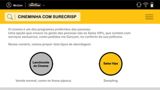 O cinema é um dos programas preferidos das pessoas.
Uma opção que cresce no gosto das pessoas são as Salas VIPs, que contam com
serviços exclusivos, como pedidos via Garçom, no conforto da sua poltrona.
Nesse cenário, vamos propor dois tipos de abordagem:
Lanchonete
do Cinema
Venda normal, como se fosse pipoca.
Salas Vips
Sampling
CINEMINHA COM SURECRISP
 