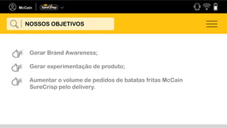 NOSSOS OBJETIVOS
Gerar Brand Awareness;
Gerar experimentação de produto;
Aumentar o volume de pedidos de batatas fritas McCain
SureCrisp pelo delivery.
 
