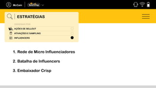 ESTRATÉGIAS
1. Rede de Micro Influenciadores
2. Batalha de Influencers
3. Embaixador Crisp
 