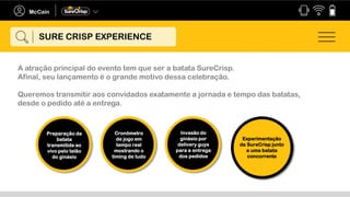 A atração principal do evento tem que ser a batata SureCrisp.
Afinal, seu lançamento é o grande motivo dessa celebração.
Queremos transmitir aos convidados exatamente a jornada e tempo das batatas,
desde o pedido até a entrega.
Preparação da
batata
transmitida ao
vivo pelo telão
do ginásio
Cronômetro
de jogo em
tempo real
mostrando o
timing de tudo
Invasão do
ginásio por
delivery guys
para a entrega
dos pedidos
Experimentação
da SureCrisp junto
a uma batata
concorrente
SURE CRISP EXPERIENCE
 