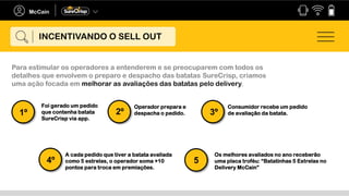 Para estimular os operadores a entenderem e se preocuparem com todos os
detalhes que envolvem o preparo e despacho das batatas SureCrisp, criamos
uma ação focada em melhorar as avaliações das batatas pelo delivery.
Foi gerado um pedido
que contenha batata
SureCrisp via app.
Operador prepara e
despacha o pedido.
Consumidor recebe um pedido
de avaliação da batata.
A cada pedido que tiver a batata avaliada
como 5 estrelas, o operador soma +10
pontos para troca em premiações.
1º 2º 3º
4º
Os melhores avaliados no ano receberão
uma placa troféu: “Batatinhas 5 Estrelas no
Delivery McCain”
5
INCENTIVANDO O SELL OUT
 