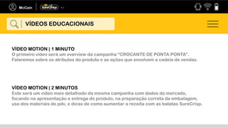VÍDEOS EDUCACIONAIS
VÍDEO MOTION | 1 MINUTO
O primeiro vídeo será um overview da campanha “CROCANTE DE PONTA PONTA”.
Falaremos sobre os atributos do produto e as ações que envolvem a cadeia de vendas.
VÍDEO MOTION | 2 MINUTOS
Este será um vídeo mais detalhado da mesma campanha com dados do mercado,
focando na apresentação e entrega do produto, na preparação correta da embalagem,
uso dos materiais de pdv, e dicas de como aumentar a receita com as batatas SureCrisp.
 