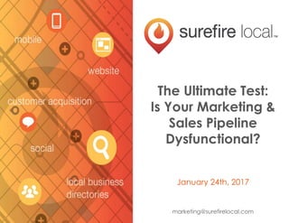 The Ultimate Test:
Is Your Marketing &
Sales Pipeline
Dysfunctional?
January 24th, 2017
marketing@surefirelocal.com
 
