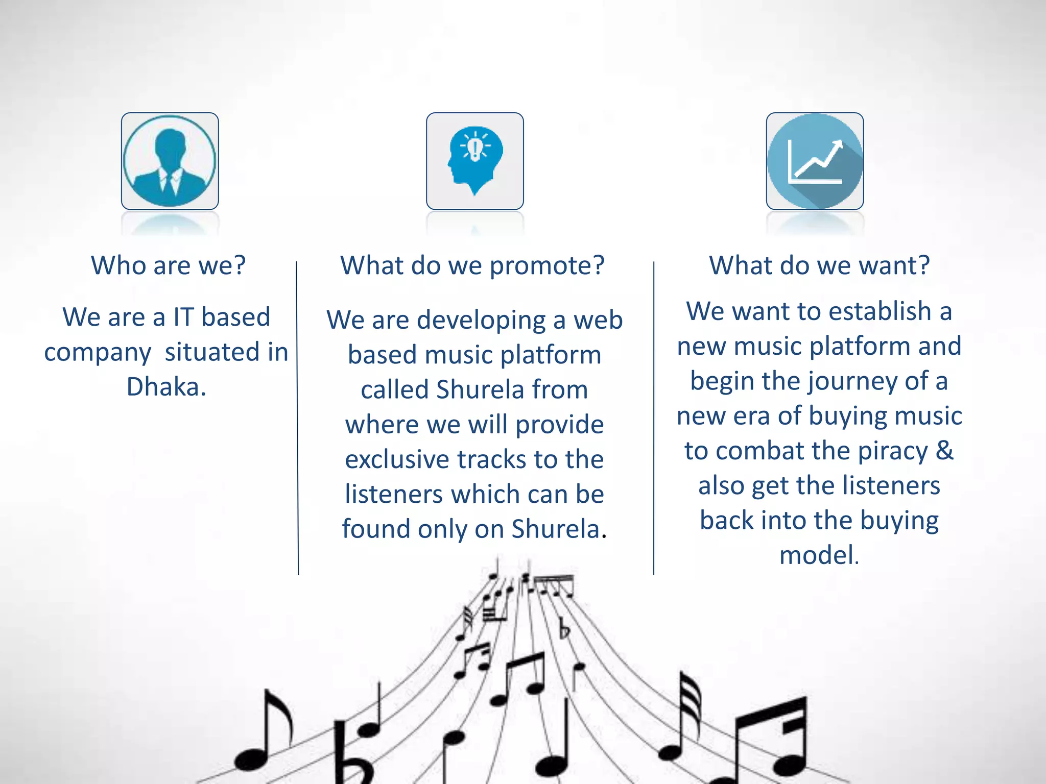 Who are we?
We are a IT based
company situated in
Dhaka.
What do we promote?
We are developing a web
based music platform
called Shurela from
where we will provide
exclusive tracks to the
listeners which can be
found only on Shurela.
What do we want?
We want to establish a
new music platform and
begin the journey of a
new era of buying music
to combat the piracy &
also get the listeners
back into the buying
model.
 