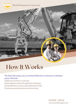 How It Works
Mitchell Equipment Corporation
The Sure Lube system uses a centralized lubrication mechanism to distribute
grease efficiently:
Lubricant is stored in a reservoir
System delivers grease through lines to bearings
Controlled flow ensures proper lubrication levels
Continuous operation prevents dry running
www.mitchell-railgear.com
M O R E I N F O
 