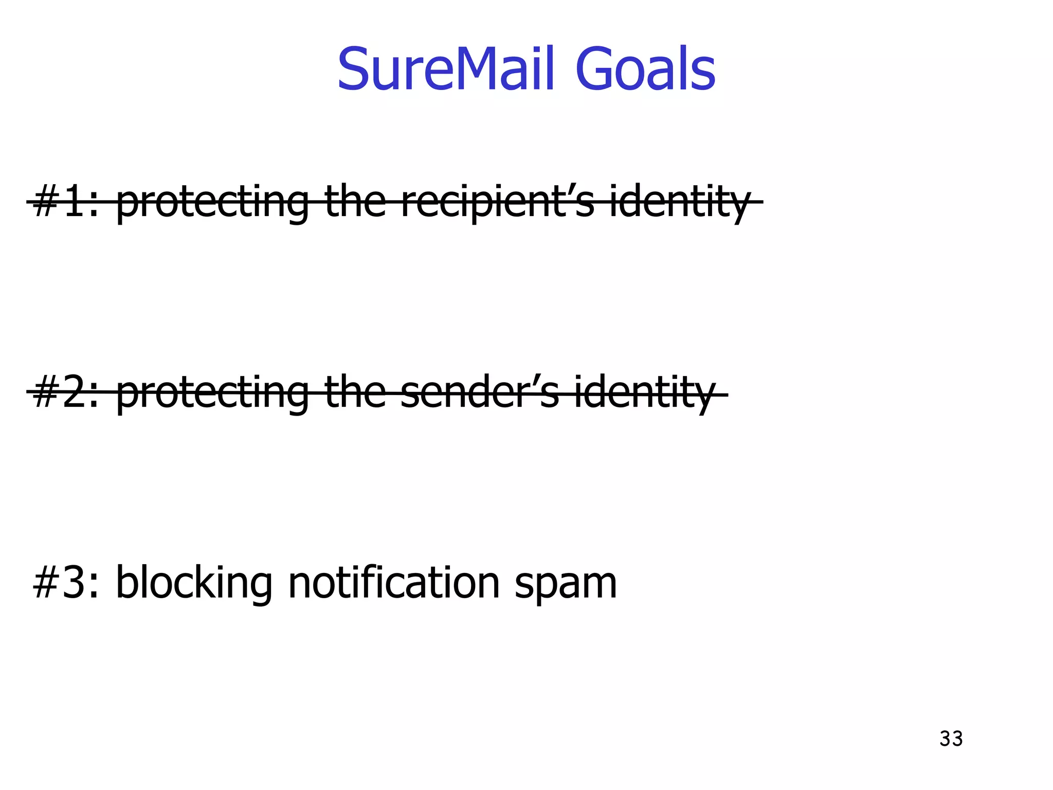 SureMail Goals #1: protecting the recipient’s identity #2: protecting the sender’s identity #3: blocking notification spam 