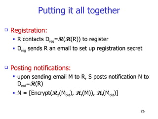 Putting it all together Registration:   R contacts D reg = H ( H (R)) to register D reg  sends R an email to set up registration secret Posting notifications: upon sending email M to R, S posts notification N to D not = H (R) N = [Encrypt( H 2 (M old ),  H 1 (M)),  H 1 (M old )] 