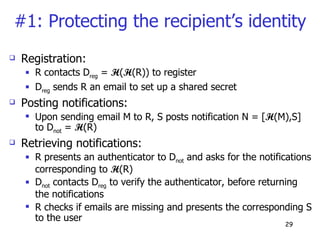 #1: Protecting the recipient’s identity Registration:  R contacts D reg  =  H ( H (R)) to register D reg  sends R an email to set up a shared secret Posting notifications: Upon sending email M to R, S posts notification N = [ H (M),S] to D not  =  H (R) Retrieving notifications: R presents an authenticator to D not  and asks for the notifications corresponding to  H (R) D not  contacts D reg  to verify the authenticator, before returning the notifications R checks if emails are missing and presents the corresponding S to the user 