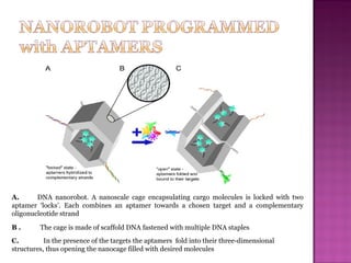 C. In the presence of the targets the aptamers fold into their three-dimensional
structures, thus opening the nanocage filled with desired molecules
A. DNA nanorobot. A nanoscale cage encapsulating cargo molecules is locked with two
aptamer ‘locks’. Each combines an aptamer towards a chosen target and a complementary
oligonucleotide strand
B . The cage is made of scaffold DNA fastened with multiple DNA staples
 