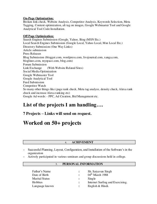 seo resume sample surender