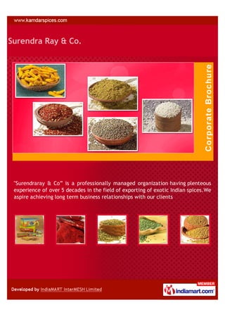 Surendra Ray & Co.




 "Surendraray & Co” is a professionally managed organization having plenteous
 experience of over 5 decades in the field of exporting of exotic Indian spices.We
 aspire achieving long term business relationships with our clients
 