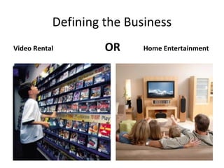 Defining the Business
Video Rental        OR     Home Entertainment
 