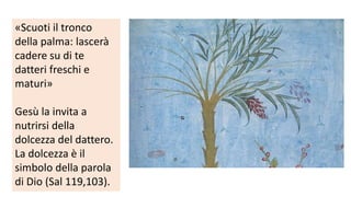«Scuoti il tronco
della palma: lascerà
cadere su di te
datteri freschi e
maturi»
Gesù la invita a
nutrirsi della
dolcezza del dattero.
La dolcezza è il
simbolo della parola
di Dio (Sal 119,103).

 
