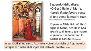 E quando Iddio disse:
«O Gesù figlio di Maria,
ricorda il mio favore verso
di te e verso la madre tua».
(Sura della mensa, C V,110)(Bressan)

E quando Allah dirà: «O Gesù
figlio di Maria, ricorda la Mia
grazia su di te e su tua madre
e quando ti rafforzai con lo
Spirito di Santità !» (Picardo)
In verità Allah ha eletto Adamo e Noè e la famiglia di Abramo e la
famiglia di ‘Imrân al di sopra del resto del creato (C III,33).

 