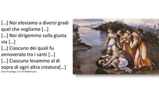 […] Noi eleviamo a diversi gradi
quel che vogliamo […]
[…] Noi dirigemmo sulla giusta
via […]
[…] Ciascuno dei quali fu
annoverato tra i santi […]
[…] Ciascuno levammo al di
sopra di ogni altra creatura[…]
(Sura dei greggi, C VI, 83-86)(Bressan)

 