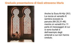 Anche la Sura Al-Hijr (XV)
La roccia al versetto 8
sembra evocare la
parusia (Mt 25,31-46)
mentre ai versetti 8 e 11
parla di messaggeri di cui
si sono burlati e
dell’esempio degli
antenati a cui non hanno
creduto.

 