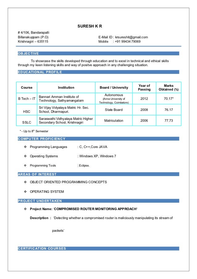 suresh resume format of making resume