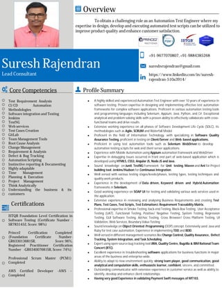Overview
To obtain a challenging role as an Automation Test Engineer where my
expertise in design, develop and executing automated test scripts can be utilized to
improve product quality and enhance customer satisfaction.
Suresh Rajendran
Lead Consultant
+91-9677070807, +91-9884385268
sureshvrajendran@gmail.com
https://www.linkedin.com/in/suresh-
rajendran-510a3914/
Core Competencies Profile Summary
Test Requirement Analysis
CI/CD Automation
Methodologies
Software integration and Testing
Jenkins
TestNG
Web services
Test Cases Creation
GitLab
Team Management Tools
Root Cause Analysis
Change Management
Requirement & Analysis
Defect & Bug Tracking
Automation Scripting
Instinctive reporting & Documenting
Highly adaptable
Time Management
Planning & Execution
Project Management
Think Analytically
Understanding the business & its
customers
Certifications
ISTQB Foundation Level Certification in
Software Testing (Certificate Number -
SR7831452, Score: 98%)
Prince2 Certification Completed
(Foundation Certificate Number-
GR633013681SR, Score: 96%,
Registered Practitioner Certification
Number -GR634007681SR, Score: 74%)
Professional Scrum Master (PCM1)
Completed
AWS Certified Developer -AWS -
Completed
 A highly skilled and experienced Automation Test Engineer with over 10 years of experience in
software testing. Proven expertise in designing and implementing effective test automation
frameworks for complex software applications. Proficient in various automation testing tools
and programming languages including Selenium, Appium, Java, Python, and C#. Exceptional
analytical and problem-solving skills with a proven ability to effectively collaborate with cross-
functional teams and drive results.
 Extensive working experience on all phases of Software Development Life Cycle (SDLC), its
methodologies such as Agile, SCRUM and Waterfall Model.
 Proficient in the field of Information Technology, with specializing in Software Quality
Assurance Testing, proficient in testing on Client/Server and Web based applications.
 Proficient in using test automation tools such as Selenium WebDriver to develop
automation testing scripts for web and client server applications.
 Experience with Mobile Automation using Appium automation framework and WebDriver.
 Expertise in debugging issues occurred in front end part of web-based application which is
developed using HTML5, CSS3, Angular JS, Node.JS and Java.
 Sound knowledge on Junit, TestNG framework for Unit testing, Maven and Ant for Project
building tool, Jenkins/Hudson for Continuous Integration.
 Well versed with various testing stages/levels/phases, testing types, testing techniques and
quality work products.
 Experience in the development of Data driven, Keyword driven and Hybrid Automation
frameworks in Selenium.
 Good working experience on SOAP UI for testing and validating various web services used in
the application.
 Extensive experience in reviewing and analysing Business Requirements and creating Test
Plans, Test Cases, Test Scripts, Test Estimation& Requirement Traceability Matrix.
 Professional expertise in Smoke Testing, back-end Testing, Black-Box Testing, User Acceptance
Testing (UAT), Functional Testing, Positive/ Negative Testing, System Testing, Regression
Testing, GUI Software Testing, Ad-hoc Testing, Cross Browser/ Cross Platform Testing, UI
Validation, Web Services, Boundary Value Testing.
 Sound knowledge on Object Oriented Programming (OOP) concept. Extensively used Java and
Ruby for test case automation. Experience in implementing TDD and BDD.
 Well versed in different management scenarios like Change Control, Quality Assurance, Defect
Tracking, System Integration, and Task Scheduling.
 Expert using open-source bug tracking tool JIRA, Quality Centre, Bugzilla & IBM Rational Team
Concert (RTC).
 Excellent experience in troubleshooting software applications for business functions in major
areas of the business and enterprise-wide.
 Ability to adapt to new environment quickly, strong team player, good communication, good
analytical and computation skills, enthusiastic learner, confident, sincere, and committed.
 Outstanding communicator with extensive experience in customer service as well as ability to
identify, develop and enhance client relationships
 Having very good Experience in validating Payment Swift messages of MT103.
 