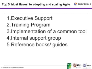Top 5 ‘Must Haves’ to adopting and scaling Agile

1.Executive Support
2.Training Program
3.Implementation of a common tool
4.Internal support group
5.Reference books/ guides

27th November, 2013 Copyright © SureSkills

 