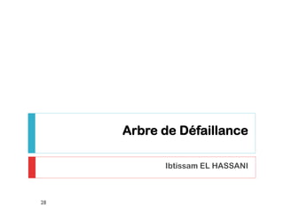 Application
On s'intéresse au temps de bon fonctionnement
de la presse TBF. A chaque panne, on associe le
nombre de bon fonctionnement ayant précédé
de cette panne.
Observation : ça se déroule sur une période de
4 ans du 01/09/20011 au 01/09/2015, et a donné
les résultats du tableau.
Calculer au jour près par défaut, le temps
moyen de bon fonctionnement entre deux
pannes. En déduire la loi de fiabilité de la
presse.
28
 