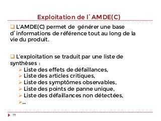 Exploitation de l’AMDE(C)
q L’AMDE(C) permet de générer une base
d’informations de référence tout au long de la
vie du produit.
q L’exploitation se traduit par une liste de
synthèses :
Ø Liste des effets de défaillances,
Ø Liste des articles critiques,
Ø Liste des symptômes observables,
Ø Liste des points de panne unique,
Ø Liste des défaillances non détectées,
Ø …
79
 