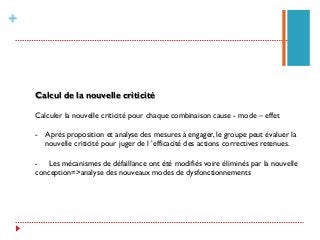 +
Calcul de la nouvelle criticité
Calculer la nouvelle criticité pour chaque combinaison cause - mode – effet
-  Après proposition et analyse des mesures à engager, le groupe peut évaluer la
nouvelle criticité pour juger de l ’efficacité des actions correctives retenues.
- Les mécanismes de défaillance ont été modifiés voire éliminés par la nouvelle
conception=>analyse des nouveaux modes de dysfonctionnements
 