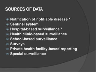 SOURCES OF DATA
 Notification of notifiable disease *
 Sentinel system
 Hospital-based surveillance *
 Health clinic-based surveillance
 School-based surveillance
 Surveys
 Private health facility-based reporting
 Special surveillance
 