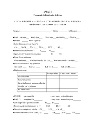 ANEXO 2
Formulario de Recolección de Datos
CINCHA SUBURETRAL AUTO FIJABLE Y REAJUSTABLE PARA MANEJO DE LA
INCONTINENCIA URINARIA DE ESFUERZO
Paciente:__________________________________ Teléfono __________No Historia: ____
Edad: <40 años___ 40-49 años____ 50-59 años___ 60-69 años____ ≥ 70 años____
Paridad: _______ partos vaginales
Índice de masa corporal (kg/m2
):
20 ___ 20-24 ___ 25-29 ___ 30-34___ 35-39 ___ ≥ 40 ___
Enfermedad concomitante : Si_____ No____
Operación previa anti-incontinencia: Si_____ No_____
Situación menopáusica:
Premenopáusica___ Post-menopáusica sin TRH___ Post-menopáusica con TRH____
Estudio urodinámico pre-operación:
IUE tipo 0 ____ IUE tipo I____ IUE tipo II_____ IUE tipo III______
Diario miccional:
Pre-operación A los 6 meses post-qx
Poliuria diurna
Poliuria nocturna
Capacidad vesical nocturna reducida
Pérdidas con el esfuerzo
Sin alteraciones
ICIQ-SF: pre-operación _________ a los 6 meses post-quirúrgicos_________
PISQ 12: pre-operación _________ a los 6 meses post-quirúrgicos_________
Cura de prolapso genital asociado: Si____ No_____
Tiempo quirúrgico (minutos): ≤ 10 ___ 11-20 ___ 21-30____ > 30____
Sangrado trans-operatorio (ml): ≤ 20____ 21-50____ > 50 ml ___
Tiempo de hospitalización (horas): ≤ 12 _____ 13-24 _____ 25-36 _____ >36 _____
 