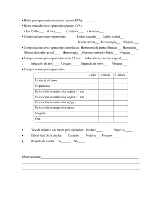 Dolor post-operatorio inmediato (puntos EVA): ______
Dolor obturador post-operatorio (puntos EVA):
a los 15 días___ al mes____ a 3 meses____ a 6 meses___
Complicaciones trans-operatorias: Lesión vascular___ Lesión vesical___
Lesión uretral___ Hemorragia___ Ninguna ___
Complicaciones post-operatorias inmediatas: Hematoma de partes blandas ___ Hematuria__
Obstrucción infravesical____ Hemorragia___Síntomas urinarios bajos___ Ninguna ___
Complicaciones post-operatorias a los 15 días: Infección de mucosa vaginal_____
Infección de piel____ Absceso_____ Urgencia de novo___ Ninguna ___
Complicaciones post-operatorias
1 mes 3 meses 6 meses
Urgencia de novo
Dispareunia
Exposición de material a vagina < 1 cm
Exposición de material a vagina > 1 cm
Exposición de material a vejiga
Exposición de material a uretra
Ninguna
Otra
Test de esfuerzo a 6 meses post-operación: Positivo____ Negativo_____
Efectividad de la cincha: Curación____ Mejoría____Fracaso______
Reajuste de cincha: Si______ No_____
Observaciones:_______________________________________________________________
____________________________________________________________________________
____________________________________________________________________________
 
