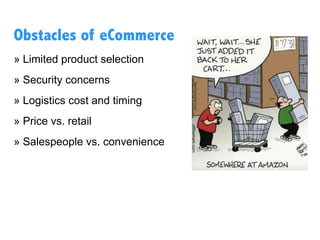 » Limited product selection
» Security concerns
» Logistics cost and timing
» Price vs. retail
» Salespeople vs. convenience
Obstacles of eCommerce
 