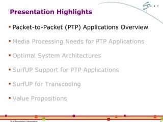 Presentation Highlights Packet-to-Packet (PTP) Applications Overview  Media Processing Needs for PTP Applications  Optimal System Architectures SurfUP Support for PTP Applications SurfUP for Transcoding Value Propositions 