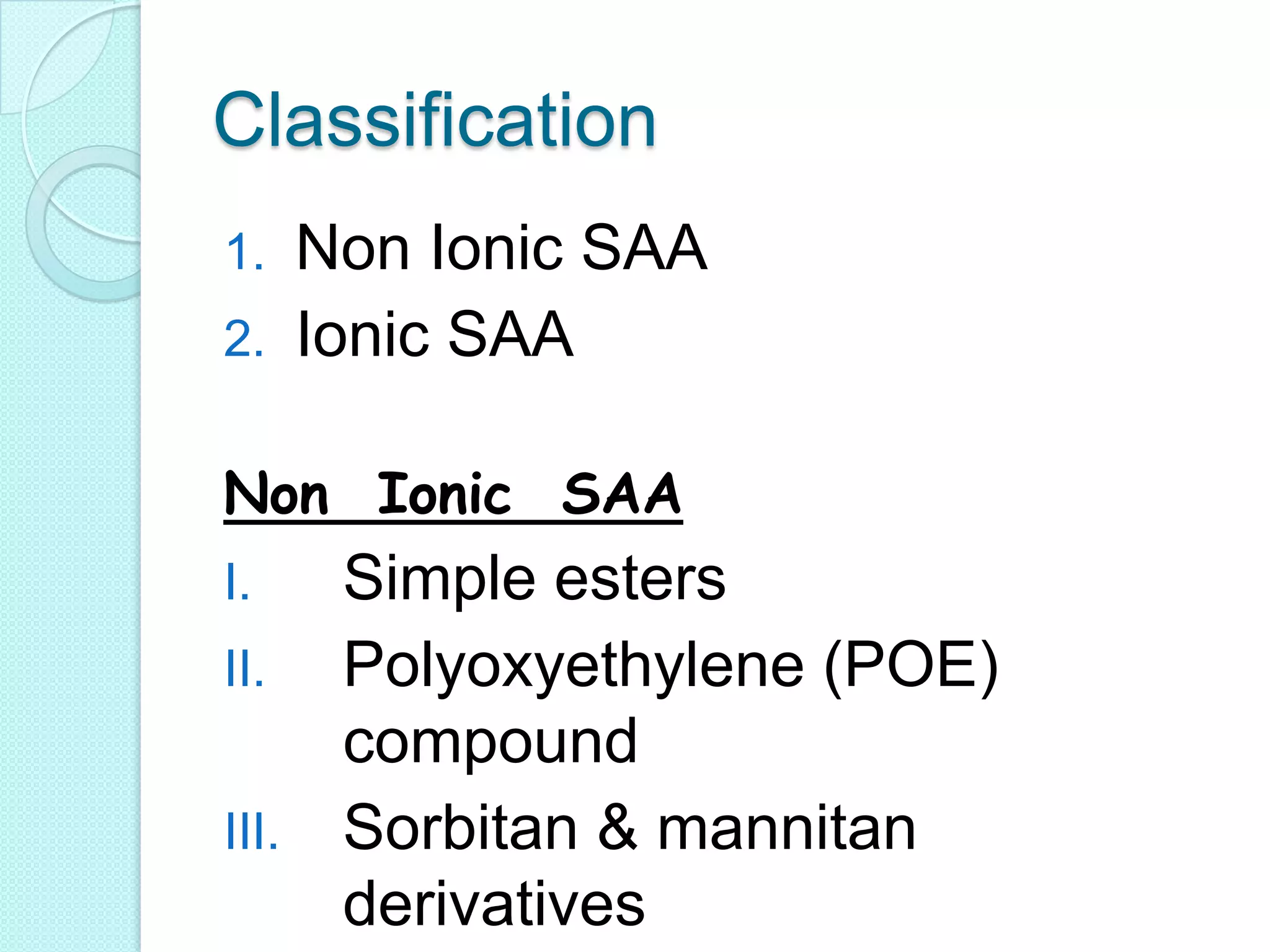 Classification
1. Non Ionic SAA
2. Ionic SAA
Non Ionic SAA
I. Simple esters
II. Polyoxyethylene (POE)
compound
III. Sorbitan & mannitan
derivatives
 
