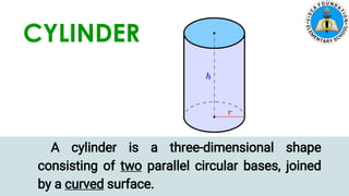 CYLINDER
A cylinder is a three-dimensional shape
consisting of two parallel circular bases, joined
by a curved surface.
 