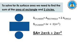 5. Zach had 700 marbles. He shared 145 marbles and put the
remaining marbles equally in 5 jars. How many marbles were in each
jar?
To solve for its surface area we need to find the
sum of the area of rectangle and 2 circles.
SCYLINDER= ARECTANGLE + 2 ACIRCLE
SCYLINDER= 𝑙𝑤 + 2(𝜋𝑟2
)
SA= 𝟐𝝅𝒓𝒉 + 𝟐𝝅𝒓𝟐
 