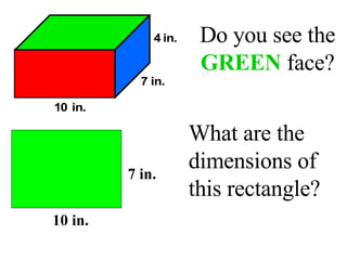 Do you see the  GREEN  face? What are the dimensions of this rectangle? 10 in. 7 in. 