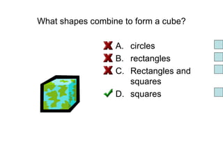 What shapes combine to form a cube? circles rectangles Rectangles and squares squares 