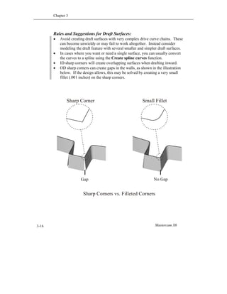 Chapter 3
Mastercam X63-16
Rules and Suggestions for Draft Surfaces:
 Avoid creating draft surfaces with very complex drive curve chains. These
can become unwieldy or may fail to work altogether. Instead consider
modeling the draft feature with several smaller and simpler draft surfaces.
 In cases where you want or need a single surface, you can usually convert
the curves to a spline using the Create spline curves function.
 ID sharp corners will create overlapping surfaces when drafting inward.
 OD sharp corners can create gaps in the walls, as shown in the illustration
below. If the design allows, this may be solved by creating a very small
fillet (.001 inches) on the sharp corners.
Sharp Corners vs. Filleted Corners
Gap No Gap
Sharp Corner Small Fillet
 