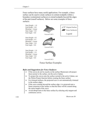 Chapter 3
Mastercam X63-26
Fence surfaces have many useful applications. For example, a fence
surface can be used to create surfaces to contain toolpaths within a
boundary (containment surfaces) or extend toolpaths beyond the edges
of the part (runoff surfaces). Below are some examples of fence
surfaces:
Rules and Suggestions for Fence Surfaces:
 If the curves do not lie exactly on the surface Mastercam will project
them normal to the surface, not the active Cplane.
 To project the curves onto the surface normal to the active Cplane, use
the Xform Project function before creating the fence surface.
 For trimmed surfaces, the projected curve is not automatically trimmed
to the surface edges.
 If the curve extends beyond the surface edge, it is projected onto a
linear extension of the surface so that the fence will be created along
the entire length of the curve.
 Avoid abrupt turns in the fence surface by selecting only tangent and
continuous curves.
Fence Surface Examples
Start Height = 1.0
End Height = 0.0
Blending = Linear
Start Angle = 0.0
End Angle = 0.0
Start Height = 0.1
End Height = 0.1
Blending = Linear
Start Angle = 0.0
End Angle = 0.0
Start Height = 1.0
End Height = 1.0
Blending = Linear
Start Angle = 0.0
End Angle = 0.0
Fencesurf1.MCX
Fencesurf3.MCX
Fencesurf4.MCX
Original Surface
Fence Surface(s)
Legend
 