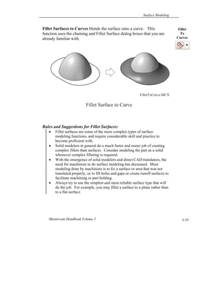Surface Modeling
Mastercam Handbook Volume 2 3-55
Fillet Surfaces to Curves blends the surface onto a curve. This
function uses the chaining and Fillet Surface dialog boxes that you are
already familiar with.
Rules and Suggestions for Fillet Surfaces:
 Fillet surfaces are some of the more complex types of surface
modeling functions, and require considerable skill and practice to
become proficient with.
 Solid modelers in general do a much faster and easier job of creating
complex fillets than surfaces. Consider modeling the part as a solid
whenever complex filleting is required.
 With the emergence of solid modelers and direct CAD translators, the
need for machinists to do surface modeling has decreased. Most
modeling done by machinists is to fix a surface or area that was not
translated properly, or to fill holes and gaps or create runoff surfaces to
facilitate machining or part holding.
 Always try to use the simplest and most reliable surface type that will
do the job. For example, you may fillet a surface to a plane rather than
to a flat surface.
Fillet
To
Curves
Fillet Surface to Curve
FilletToCurve.MCX
 