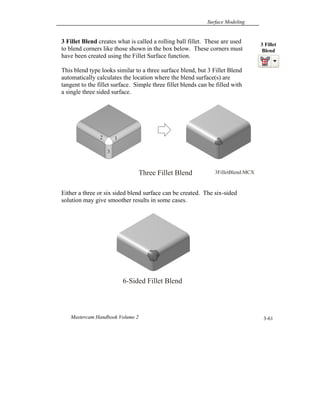 Surface Modeling
Mastercam Handbook Volume 2 3-61
3 Fillet Blend creates what is called a rolling ball fillet. These are used
to blend corners like those shown in the box below. These corners must
have been created using the Fillet Surface function.
This blend type looks similar to a three surface blend, but 3 Fillet Blend
automatically calculates the location where the blend surface(s) are
tangent to the fillet surface. Simple three fillet blends can be filled with
a single three sided surface.
Either a three or six sided blend surface can be created. The six-sided
solution may give smoother results in some cases.
3 Fillet
Blend
12
3
Three Fillet Blend 3FilletBlend.MCX
6-Sided Fillet Blend
 