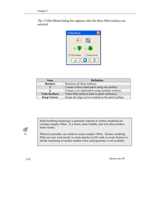 Chapter 3
Mastercam X63-62
The 3 Fillet Blend dialog box appears after the three fillet surfaces are
selected.
Item Definition
Reselect Reselects all three surfaces.
3 Creates a three sided patch using one surface.
6 Creates a six sided patch using multiple surfaces.
Trim Surfaces Trims fillet surfaces back to patch surface(s).
Keep Curves Keeps the edge curves created on the patch surface.
Solid modeling technology is generally superior to surface modeling for
creating complex fillets. It is faster, more reliable, and will often produce
better results.
Whenever possible, use solids to create complex fillets. Surface modeling
fillets are now used mostly to create patches to fill voids or create features to
aid the machining of surface models when solid geometry is not available.
 