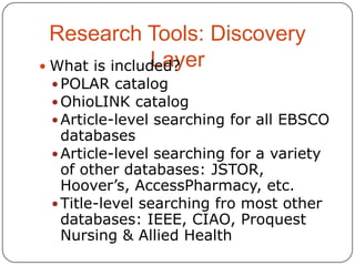 Research Tools: Discovery
Layer
 What is included?
 POLAR catalog
 OhioLINK catalog
 Article-level searching for all EBSCO

databases
 Article-level searching for a variety
of other databases: JSTOR,
Hoover’s, AccessPharmacy, etc.
 Title-level searching fro most other
databases: IEEE, CIAO, Proquest
Nursing & Allied Health

 