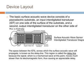 Device Layout

   The basic surface acoustic wave device consists of a
    piezoelectric substrate, an input interdigitated transducer
    (IDT) on one side of the surface of the substrate, and a
    second, output interdigitated transducer on the other side of
    the substrate.


                                                     Surface Acoustic Wave Sensor
                                                     Interdigitated Transducer Diagra




    The space between the IDTs, across which the surface acoustic wave will
    propagate, is known as the delay-line. This region is called the delay line
    because the signal, which is a mechanical wave at this point, moves much
    slower than its electromagnetic form, thus causing an appreciable delay.
 