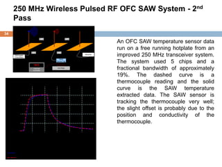 250 MHz Wireless Pulsed RF OFC SAW System - 2nd
     Pass
34
                              50 cm                50 cm

                                                                                An OFC SAW temperature sensor data
                                                                                run on a free running hotplate from an
                     30 cm            30 cm
      Interrogator
     (Transmitter)
                                                                     Receiver
                                                                                improved 250 MHz transceiver system.
                                        SAW


                       78°C
                                      Sensor/Tag
                                                           Thermal
                                                                                The system used 5 chips and a
                                                           Couple
                      Thermal
                      Controller
                                       Hot Plate
                                                                                fractional bandwidth of approximately
                                                                                19%. The dashed curve is a
                                                                                thermocouple reading and the solid
                                                                                curve is the SAW temperature
                                                                                extracted data. The SAW sensor is
                                                                                tracking the thermocouple very well;
                                                                                the slight offset is probably due to the
                                                                                position and conductivity of the
                                                                                thermocouple.
 