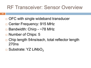 RF Transceiver: Sensor Overview
35


        OFC with single wideband transducer
        Center Frequency: 915 MHz
        Bandwidth: Chirp - ~78 MHz
        Number of Chips: 5
        Chip length 54ns/each, total reflector length
         270ns
        Substrate: YZ LiNbO3
 