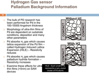 Hydrogen Gas sensor
        Palladium Background Information
46


    The bulk of PD research has
                                                                     Without H2
     been performed for Pd in the




                                                           CONTACT




                                                                                  CONTACT
     100-10000 Angstrom thickness
    Morphology of ultra-thin films of
     Pd are dependent on substrate
     conditions, deposition and many
     other parameters
    Pd absorbs H2 gas which causes
     lattice expansion of the Pd film –                               With H2
     called Hydrogen Induced Lattice




                                                           CONTACT




                                                                                  CONTACT
     Expansion (HILE) – Resistivity
     reduces
    Pd absorbs H2 gas which causes
     palladium hydride formation –
     Resistivity increases
    Examine these effects for ultra- HILE - Each small circle
     thin films (<5nm) on SAW           represents a nano-sized
                                          cluster of Pd atoms
     devices
 