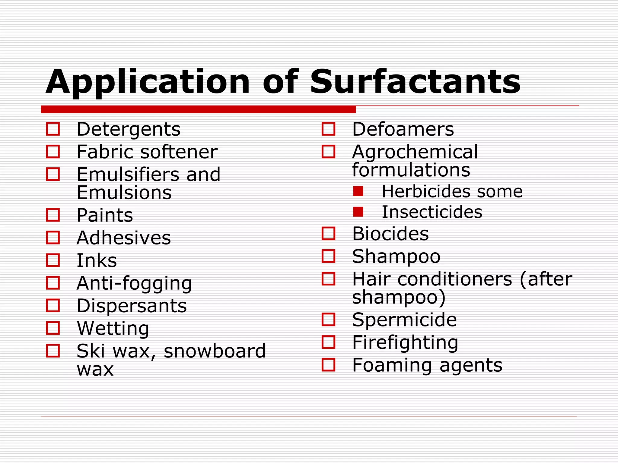 Application of Surfactants
 Detergents
 Fabric softener
 Emulsifiers and
Emulsions
 Paints
 Adhesives
 Inks
 Anti-fogging
 Dispersants
 Wetting
 Ski wax, snowboard
wax
 Defoamers
 Agrochemical
formulations
 Herbicides some
 Insecticides
 Biocides
 Shampoo
 Hair conditioners (after
shampoo)
 Spermicide
 Firefighting
 Foaming agents
 