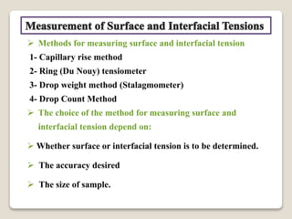  Methods for measuring surface and interfacial tension
1- Capillary rise method
2- Ring (Du Nouy) tensiometer
3- Drop wei...