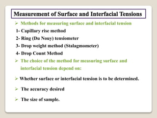  Methods for measuring surface and interfacial tension
1- Capillary rise method
2- Ring (Du Nouy) tensiometer
3- Drop weight method (Stalagmometer)
4- Drop Count Method
 The choice of the method for measuring surface and
interfacial tension depend on:
 Whether surface or interfacial tension is to be determined.
 The accuracy desired
 The size of sample.
 